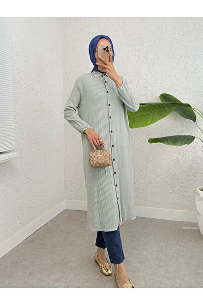 HİJABAYA Μακρύ τσακισμένο τουνίκ με κουμπιά και ελαστικό μανίκι