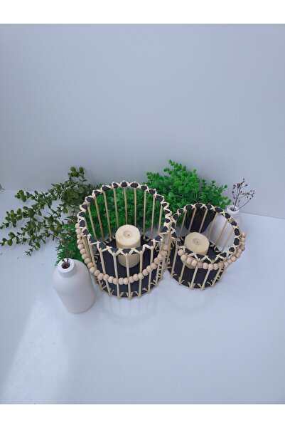 MUJA DEC Doğal El İşçiliği Bambu Fener Sepet,Mumluk,Saksı 2li 25ve15cm