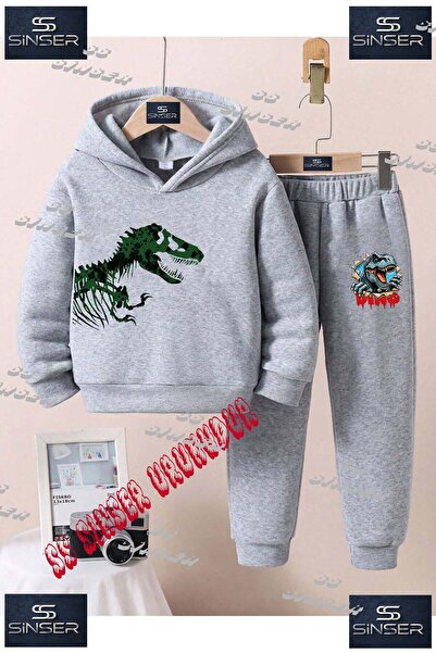 SS SİNSER Children's Unisex Special Printed Hooded Tracksuit Set with Dinosau...