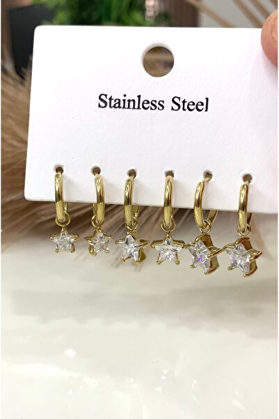 JustGAF Gold Color 3 Different Sizes Zircon Stone Star Model Dangle Steel Earrings