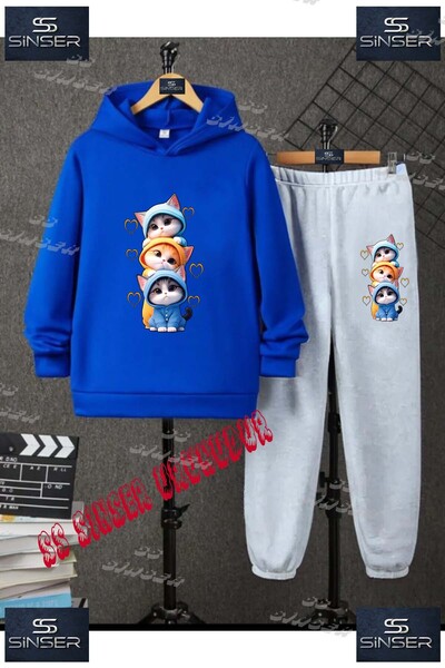 SS SİNSER Çocuk Unısex "KEDILER PIJAMALI KALPLI" Özel Baskılı Kapşolu Eşofman Takımı