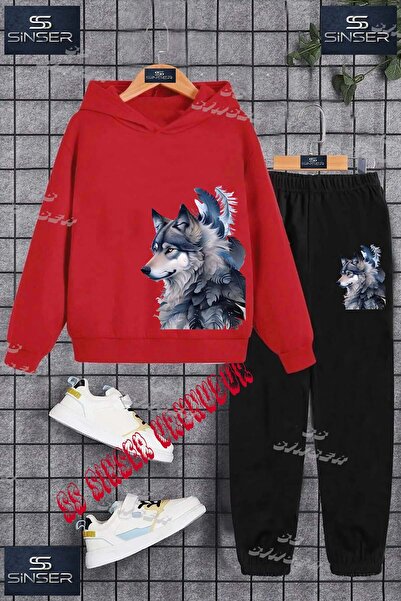 SS SİNSER Children's Unisex "Wolf Gray Yanda" Special Printed Hooded Tracksui...