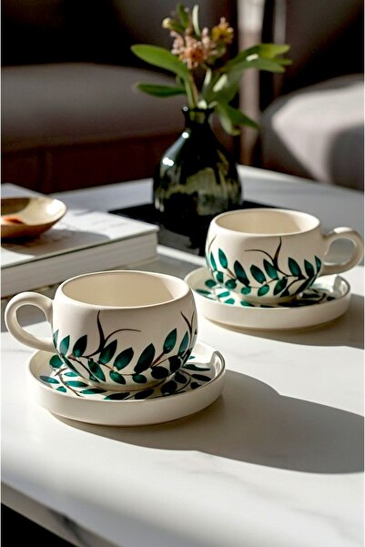 Hopce Flora El Yapımı Amber Vine Desenli, 4 Parça 2 Kişilik Çay & Kahve Fincan Takımı - 220 ml