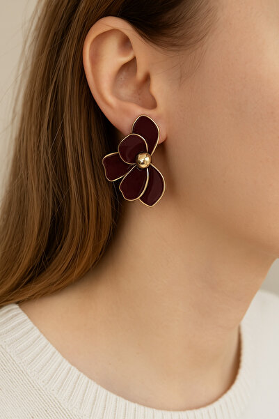 By Zeyna Aksesuar Kadın Bordo Mineli Çiçek Küpe – Kararmaz Antialerjik, Altın Kaplama Şık Tasarım