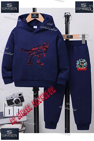 SS SİNSER Children's Unisex "Dinosaur Red Patterned" Special Printed Hooded T...