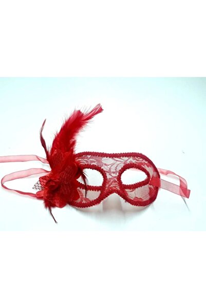 Vipfoni Lace Embroidered Red Side Feathered Prom Party Mask 17X20 cm