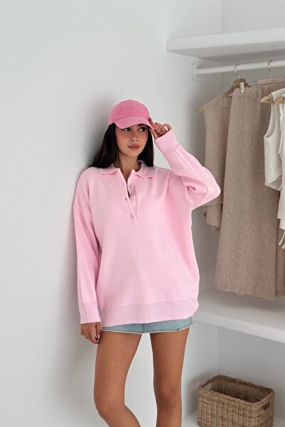 Noi Belis Pulover tricotat oversize cu guler polo cu jumătate de nasturi AW25...