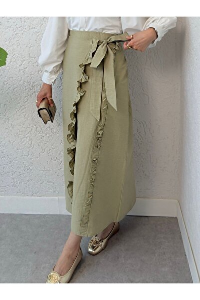 HİJABAYA Beli Bağlamalı Çift Kat Yırtmaçlı Fırfırlı Etek