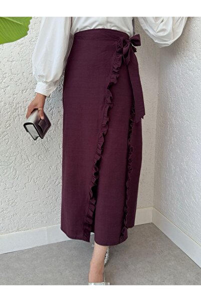 HİJABAYA Beli Bağlamalı Çift Kat Yırtmaçlı Fırfırlı Etek