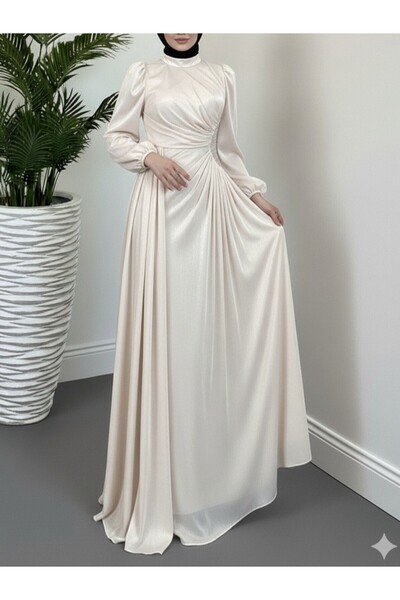 HİJABAYA Kolu Lastikli Taş Detaylı Astarlı Janjan Abiye