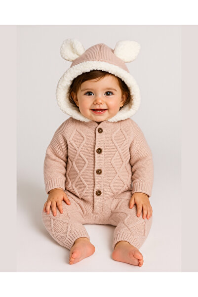 asliva Kız Bebek Pudra Pembe Triko Tulum – Peluş Astarlı Kapüşonlu Kışlık (6-...