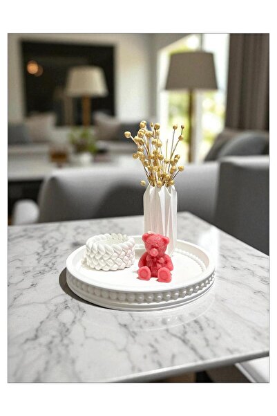 EL YAPIMI Beton Şık Masa Üstü Dekor Set 4li Set Ayıcık Mum, Çizgili Vazo, Tep...