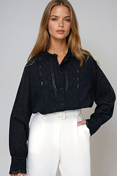 MissThetis Hakim Fırfırlı Yaka Düğme Kapamalı Fisto Kumaş Uzun Kollu Şık ve Cool Pamuklu Bohem Vintage Gömlek