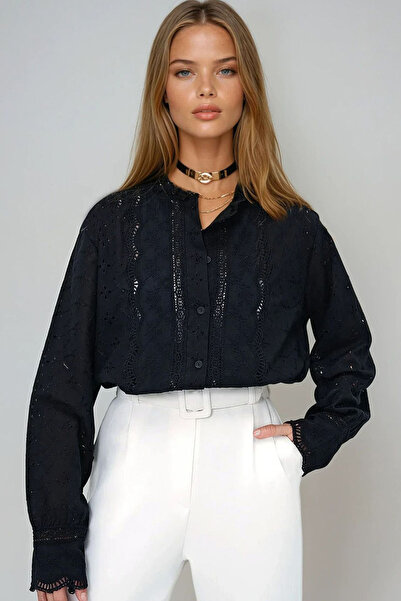 MissThetis Hakim Fırfırlı Yaka Düğme Kapamalı Fisto Kumaş Uzun Kollu Şık ve Cool Pamuklu Bohem Vintage Gömlek