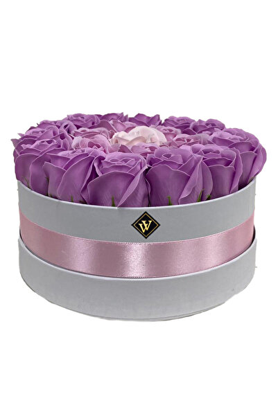 velve Aranjament floral Special Lilac in cutie rotunda cu 21 trandafiri sapun...