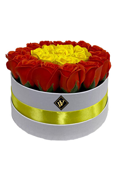velve Aranjament floral in doua culori,cutie rotunda cu 23 trandafiri sapun, orange-galben, Orange-galben