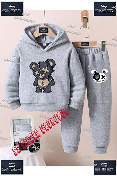 SS SİNSER Children's Unisex "Bear Patched Gray" Special Printed Hooded Tracks...