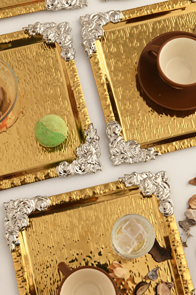 AKSESUAR EVRENİ Rio Gold Stainless Patterned Square Corner Silver Flower Detailed 6-Piece Coffee Tea Presentation Tray Serving Tray