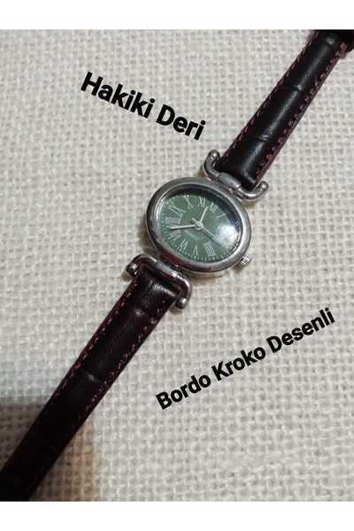 Brality Retro Style Genuine Leather Strap Women's Wristwatch.. Minimal Vintage Silver Case Green Dial 0057
