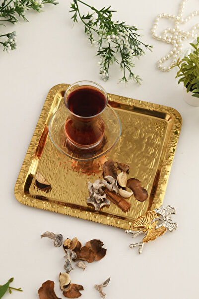 AKSESUAR EVRENİ Denver Gold Stainless Patterned Square Corner Coffee Tea Serving Tray with Double Butterfly Detail, Pack of 1