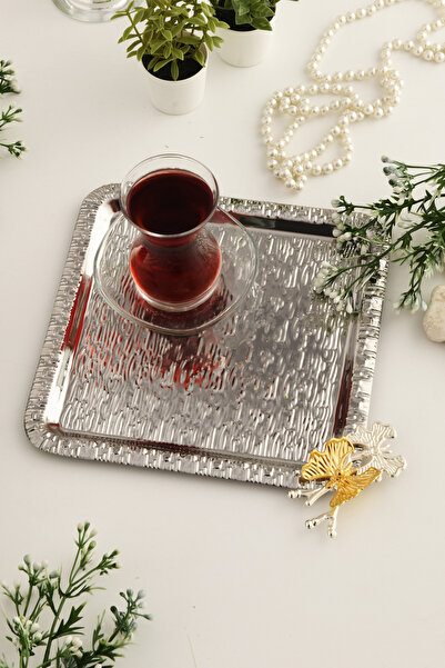 AKSESUAR EVRENİ Denver Gümüş Paslanmaz Desenli Kare Köşesi Çift Kelebek Detaylı 1'li Kahve Çay Sunumluk Servis Tepsi