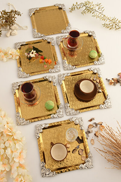 AKSESUAR EVRENİ Rio Gold Stainless Patterned Square Corner Silver Flower Detailed 6-Piece Coffee Tea Presentation Tray Serving Tray