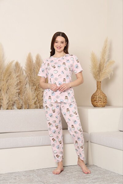 Kadın Dondurma - Kahve Desenli Pembe Kısa Kollu Pamuklu Pijama Takım