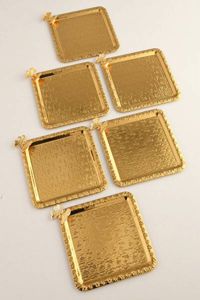 AKSESUAR EVRENİ Dolce Gold Stainless Steel Patterned Square Corner Single Butterfly Detailed 6-Piece Coffee Tea Serving Tray