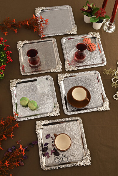 AKSESUAR EVRENİ Abra Gümüş Paslanmaz Desenli Kare Köşesi Gümüş Çiçek Detaylı 6'lı Kahve Çay Sunumluk Servis Tepsi