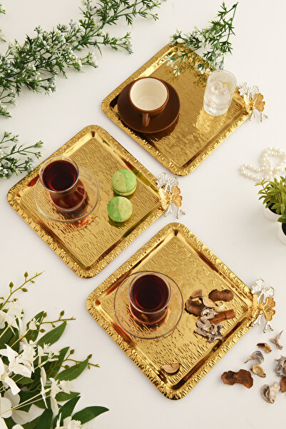 AKSESUAR EVRENİ Denver Gold Stainless Patterned Square Corner Double Butterfly Detailed 3-Piece Coffee Tea Serving Tray