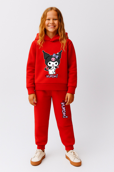 Let's Wear Lettering Kuromi Printed Children's Hooded Premium Compact Sweatshirt Tracksuit Set - 2 Piece Sports Set
