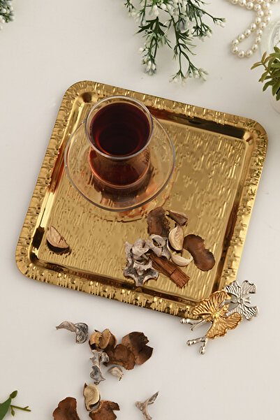AKSESUAR EVRENİ Denver Gold Stainless Patterned Square Corner Coffee Tea Serving Tray with Double Butterfly Detail, Pack of 1