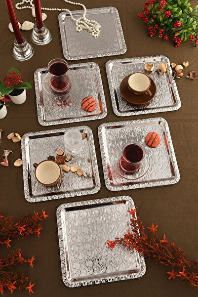 AKSESUAR EVRENİ Alora Gümüş Paslanmaz Desenli Kare 6'lı Kahve Çay Sunumluk Servis Tepsi