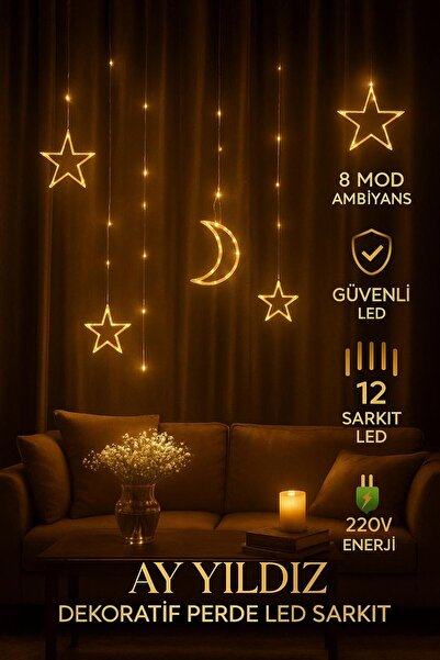 VOLEMİ Ay Yıldız Perde Led 8 Mod Saçaklı Perde Peri Mutfak Işık Dekoratif Lamba Led Işık