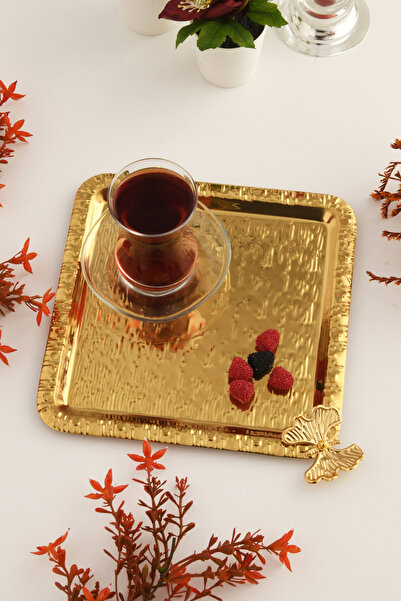 AKSESUAR EVRENİ Dolce Gold Stainless Patterned Square Corner Single Serving Tray with Butterfly Detail for Coffee and Tea