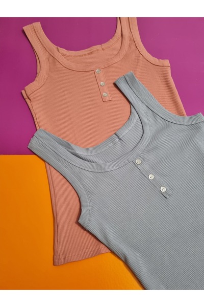 Demirsa Boutique Modelli Ribbed Cotton Combed Camisole Fabric Thick Straps Dusty Rose and Blue Color Women's 2-Pack Tank Top