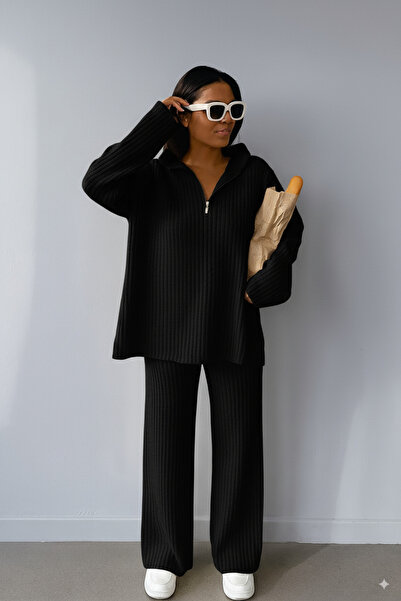 K-ODEA BUTİK Női bordázott galléros, cipzáras, oldalt sliccelt, oldalt cipzáras kötöttáru szett, új szezon kombináció