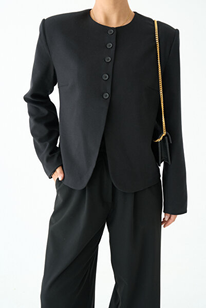 LOOSH Kadın Siyah Bisiklet Yaka Vatkalı Tasarım Blazer Ceket