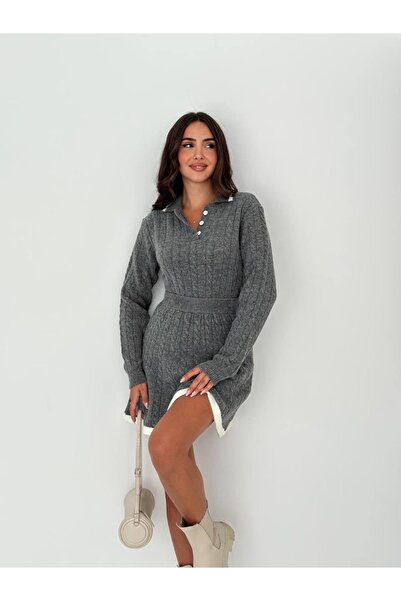 ABBA Trendy Hair Braid Patterned Polo Neck Mini Knitwear Set
