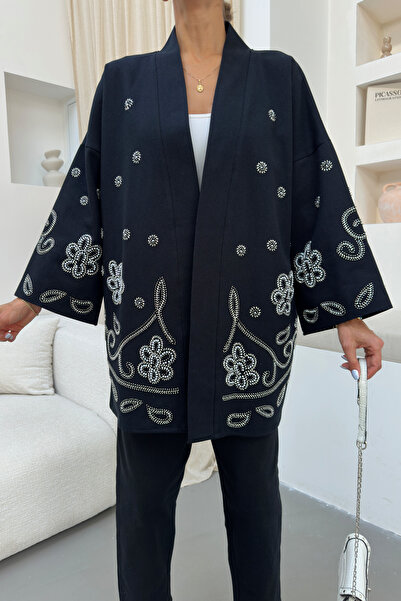 MİA NOURA Women's Oversize Fit Kimono with Beaded Embroidery on the Front