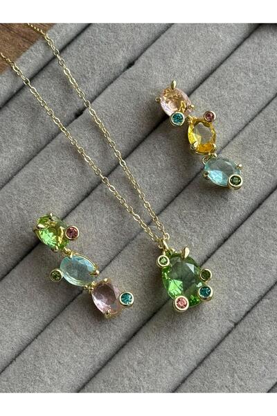 Beloria Çelik Kristal Taş Küpe Kolye Renkli Set