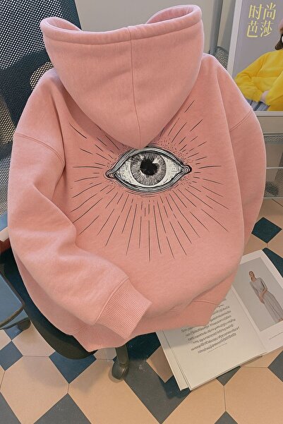 MELOOX سويت شيرت بقلنسوة مطبوع عليه رسومات العين والقمر – ملابس الشارع للجنسين