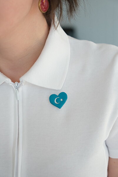 YAKA ART Doğu Türkistan Kalp Seramik Broş - Rozet - Yaka İğnesi