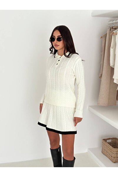 ABBA Trendy Hair Braid Patterned Polo Neck Mini Knitwear Set