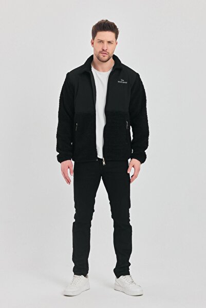 DAMGA JEANS Erkek Yarım Kürklü Kışlık Siyah Bol Peluş Ceket