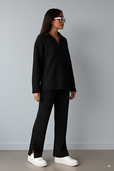 K-ODEA BUTİK Női bordázott galléros, cipzáras, oldalt sliccelt, oldalt cipzáras kötöttáru szett, új szezon kombináció