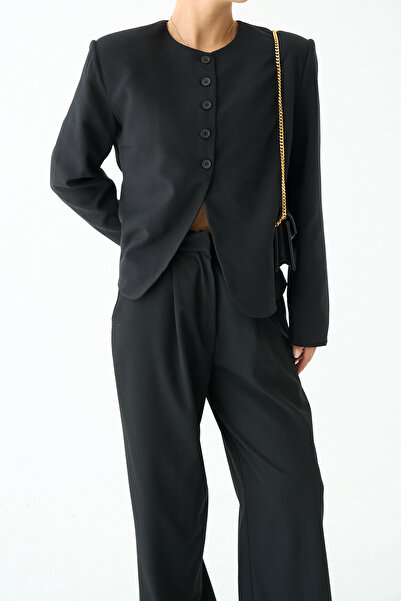 LOOSH Kadın Siyah Bisiklet Yaka Vatkalı Tasarım Blazer Ceket