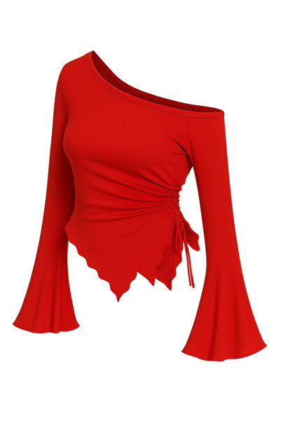 Wild Flower Red Long Sleeve Asymmetric Neckline Draped Side Tie-Up Spring Fall Blouse Top