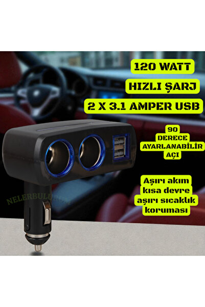 nelerbulurum TÜM ARAÇLARA UYUMLU HIZLI ŞARJ 2 X 3.1 AMPER USB GİRİŞLİ 120W 2'...