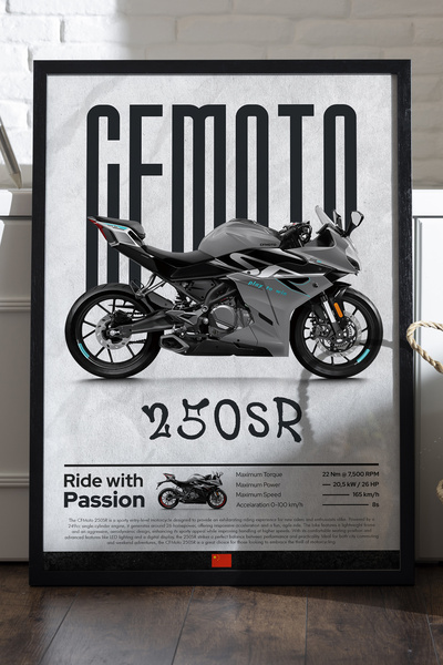 Duvarda CFMOTO 250 SR Siyah Ahşap Çerçeveli Poster, Dekoratif Motosiklet Duva...